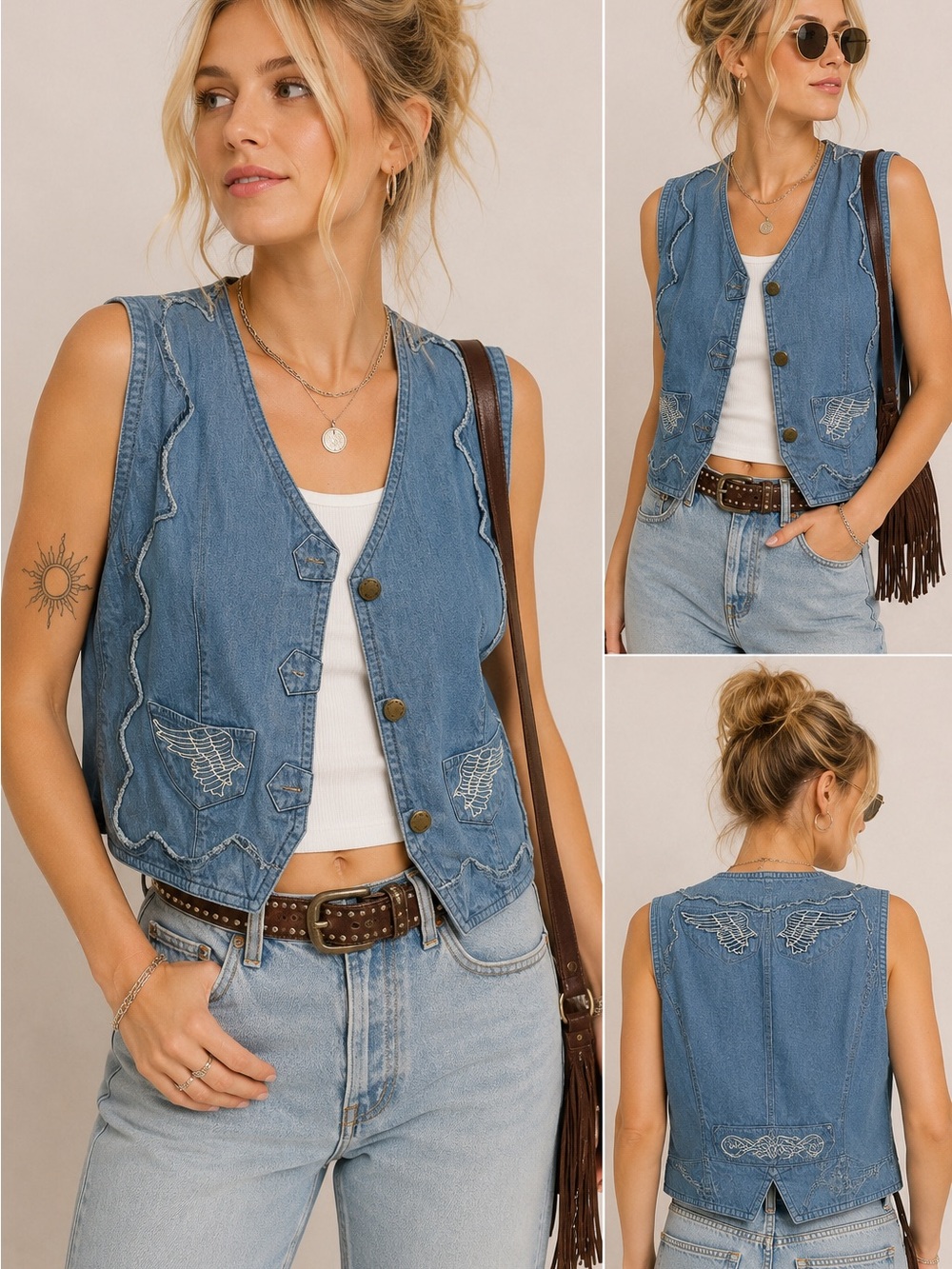 Y2K Denim Embroidered Western Moto Vest Womens XL Biker Boho